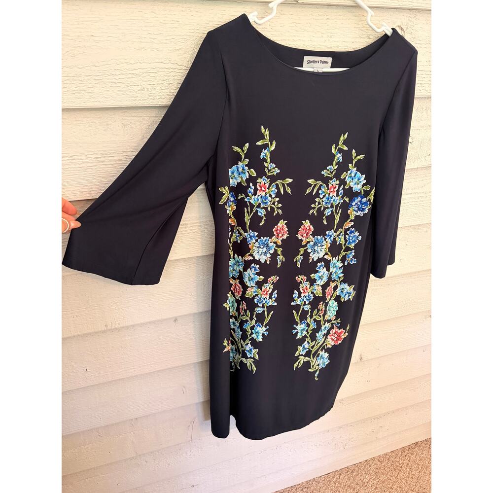 Shelby & Palmer Floral Embroidered Print Shift Dress Large Navy Blue 3/4 Sleeve - Picture 3 of 8